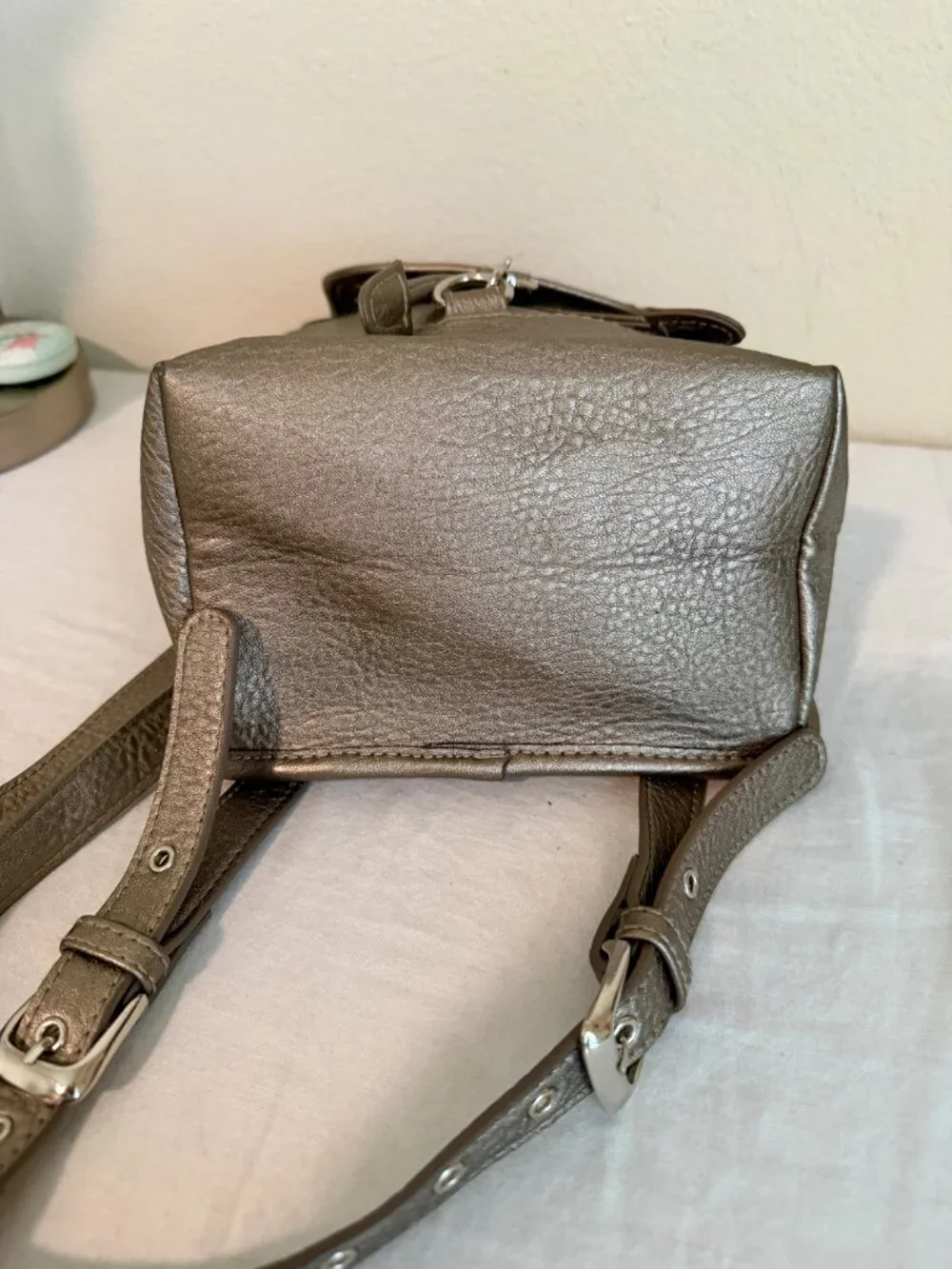 Free People Josie Mini Vegan Faux Leather Backpack Metallic Gun Metal Gold